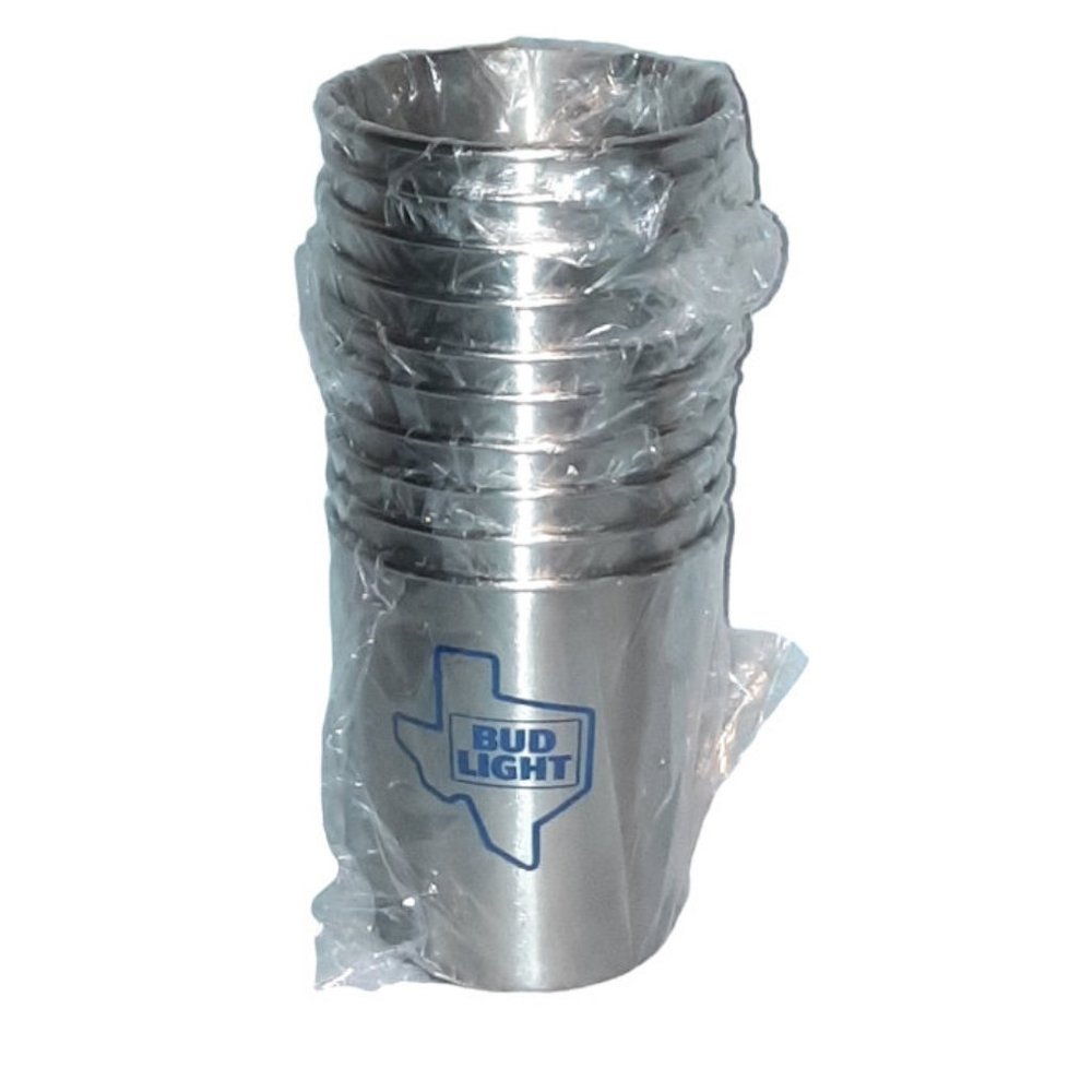 SET OF 10 BUD LIGHT BEER TEXAS CAMPING TRAVEL STAINLESS STEEL CUPS 8 oz.